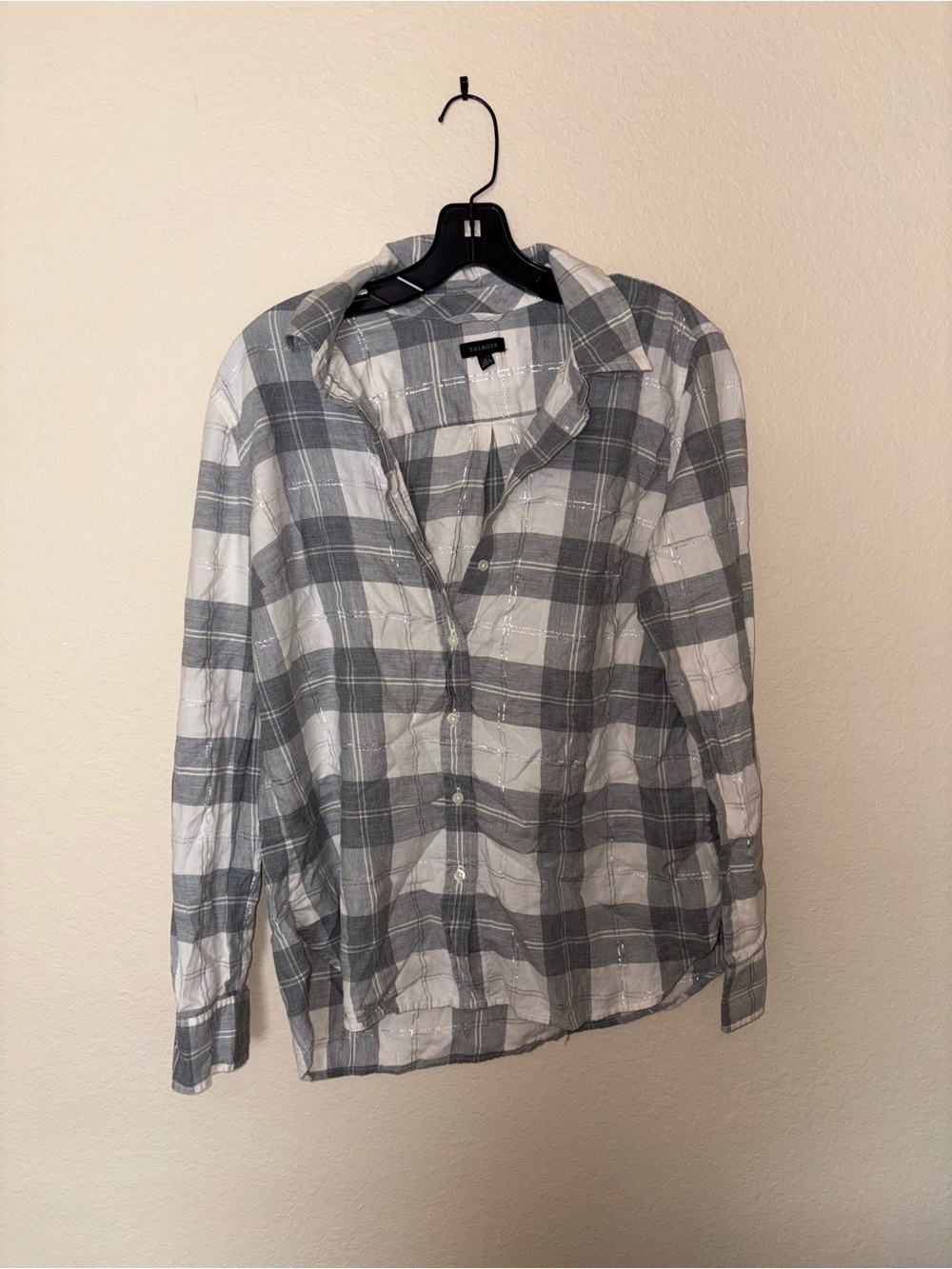 Talbots Gray and White Plaid Long-Sleeve Button Front Top